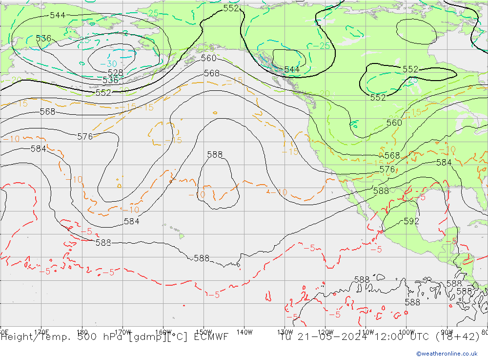 Z500/Rain (+SLP)/Z850 ECMWF wto. 21.05.2024 12 UTC