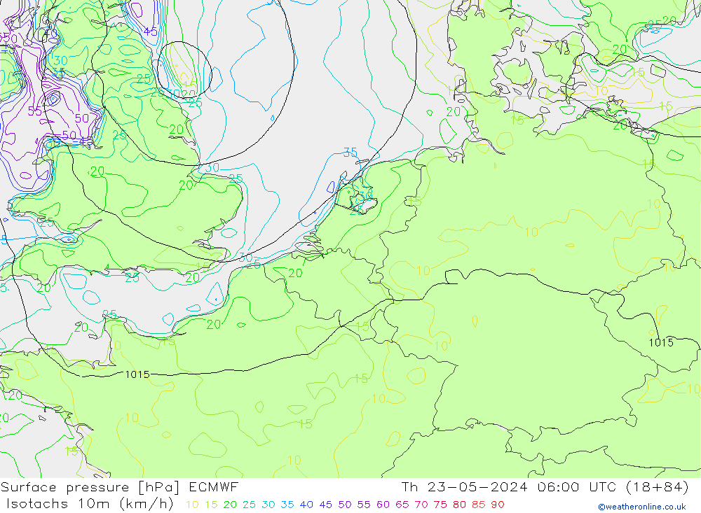 Isotachs (kph) ECMWF Th 23.05.2024 06 UTC