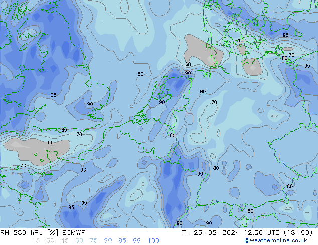 RH 850 hPa ECMWF Čt 23.05.2024 12 UTC
