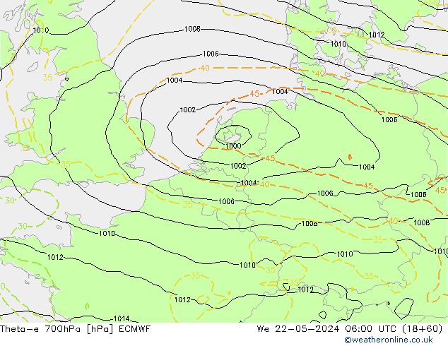 Theta-e 700hPa ECMWF mié 22.05.2024 06 UTC