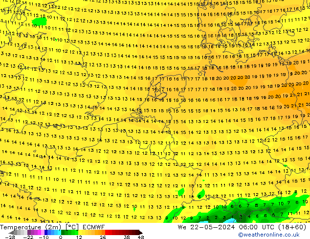 Temperatura (2m) ECMWF Qua 22.05.2024 06 UTC