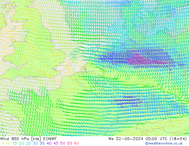 ветер 850 гПа ECMWF ср 22.05.2024 00 UTC