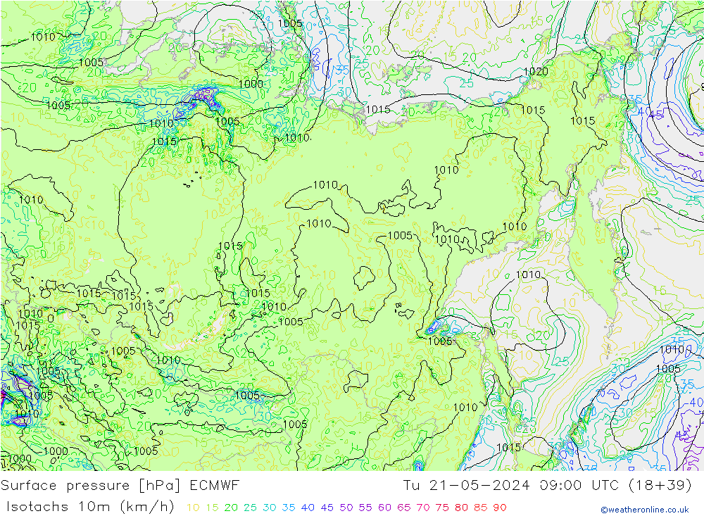 Isotachen (km/h) ECMWF di 21.05.2024 09 UTC