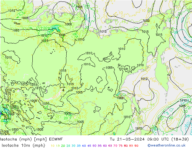 Isotachs (mph) ECMWF Tu 21.05.2024 09 UTC