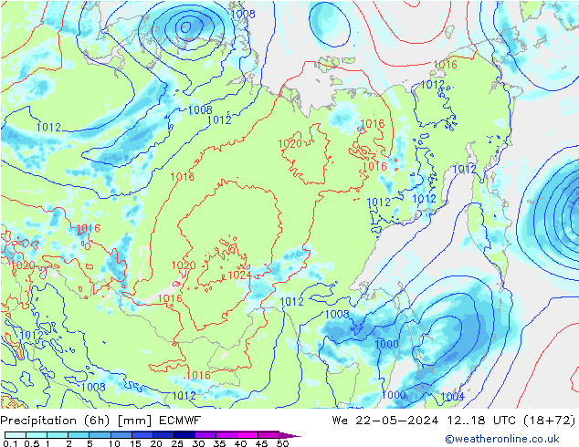 Prec 6h/Wind 10m/950 ECMWF mié 22.05.2024 18 UTC