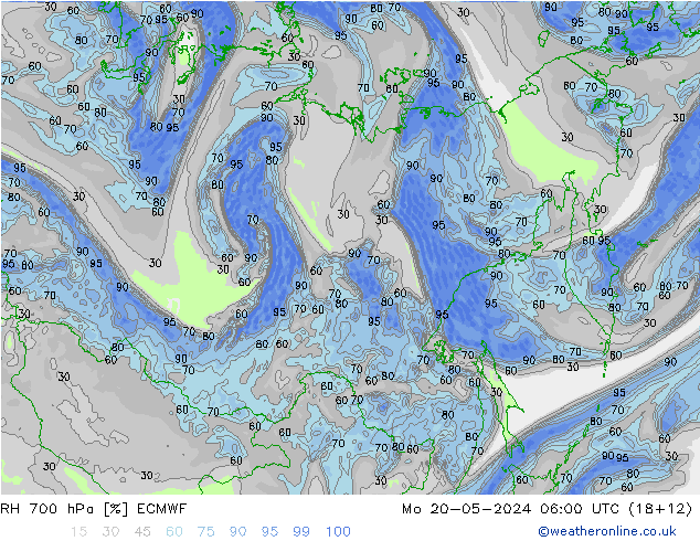 Humidité rel. 700 hPa ECMWF lun 20.05.2024 06 UTC