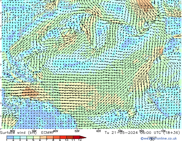wiatr 10 m (bft) ECMWF wto. 21.05.2024 06 UTC