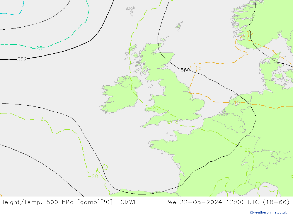 Height/Temp. 500 hPa ECMWF We 22.05.2024 12 UTC