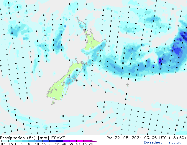 Totale neerslag (6h) ECMWF wo 22.05.2024 06 UTC