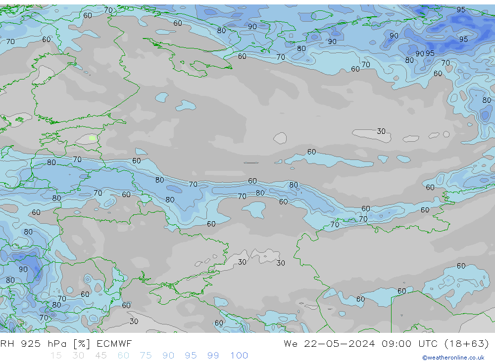 RH 925 hPa ECMWF śro. 22.05.2024 09 UTC