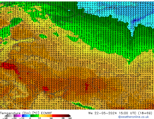 Temperatuurkaart (2m) ECMWF wo 22.05.2024 15 UTC