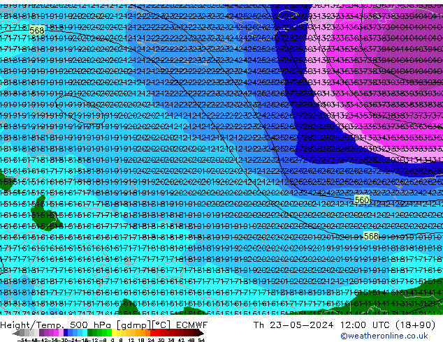 Hoogte/Temp. 500 hPa ECMWF do 23.05.2024 12 UTC