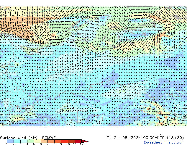 Vento 10 m (bft) ECMWF mar 21.05.2024 00 UTC