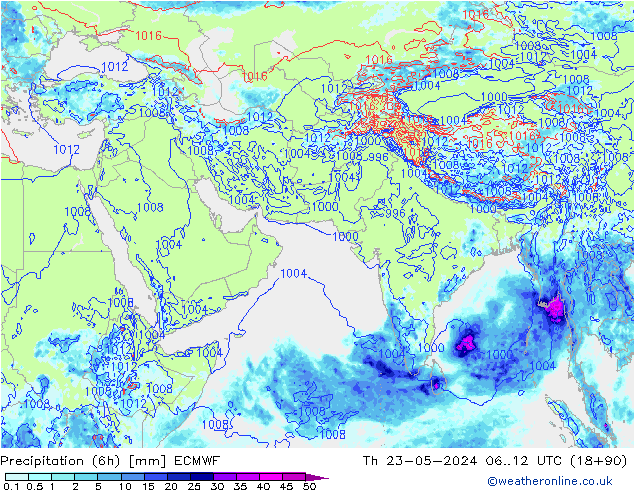 Precipitation (6h) ECMWF Čt 23.05.2024 12 UTC