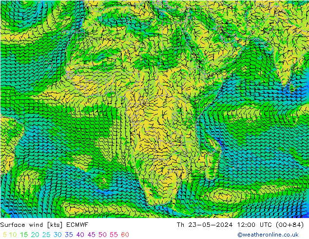 Prec 6h/Wind 10m/950 ECMWF gio 23.05.2024 12 UTC