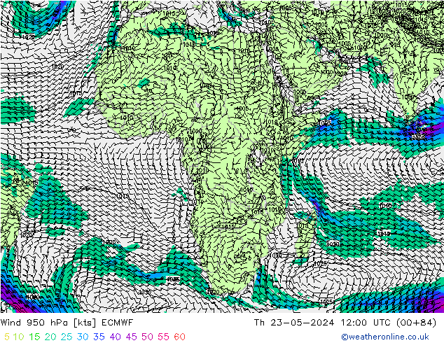 Prec 6h/Wind 10m/950 ECMWF gio 23.05.2024 12 UTC