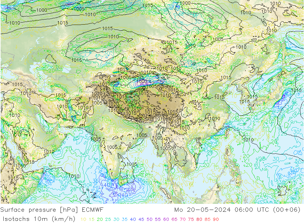 Isotachs (kph) ECMWF Mo 20.05.2024 06 UTC