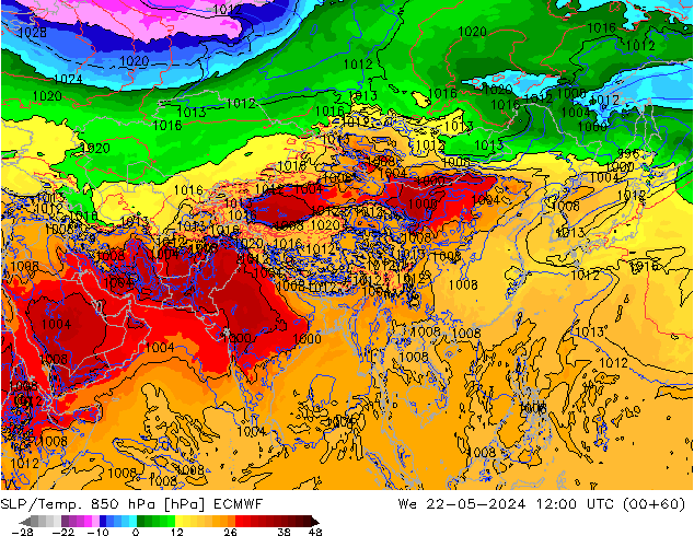 SLP/Temp. 850 hPa ECMWF mer 22.05.2024 12 UTC