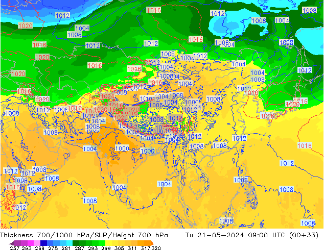 Espesor 700-1000 hPa ECMWF mar 21.05.2024 09 UTC