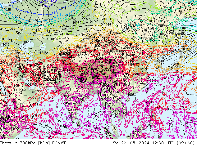 Theta-e 700hPa ECMWF mer 22.05.2024 12 UTC