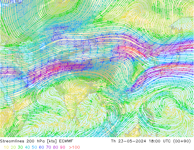 Linea di flusso 200 hPa ECMWF gio 23.05.2024 18 UTC