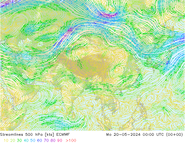 Linia prądu 500 hPa ECMWF pon. 20.05.2024 00 UTC
