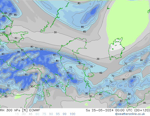 Humidité rel. 300 hPa ECMWF sam 25.05.2024 00 UTC