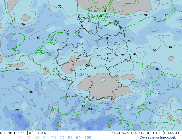 Humidité rel. 850 hPa ECMWF mar 21.05.2024 00 UTC