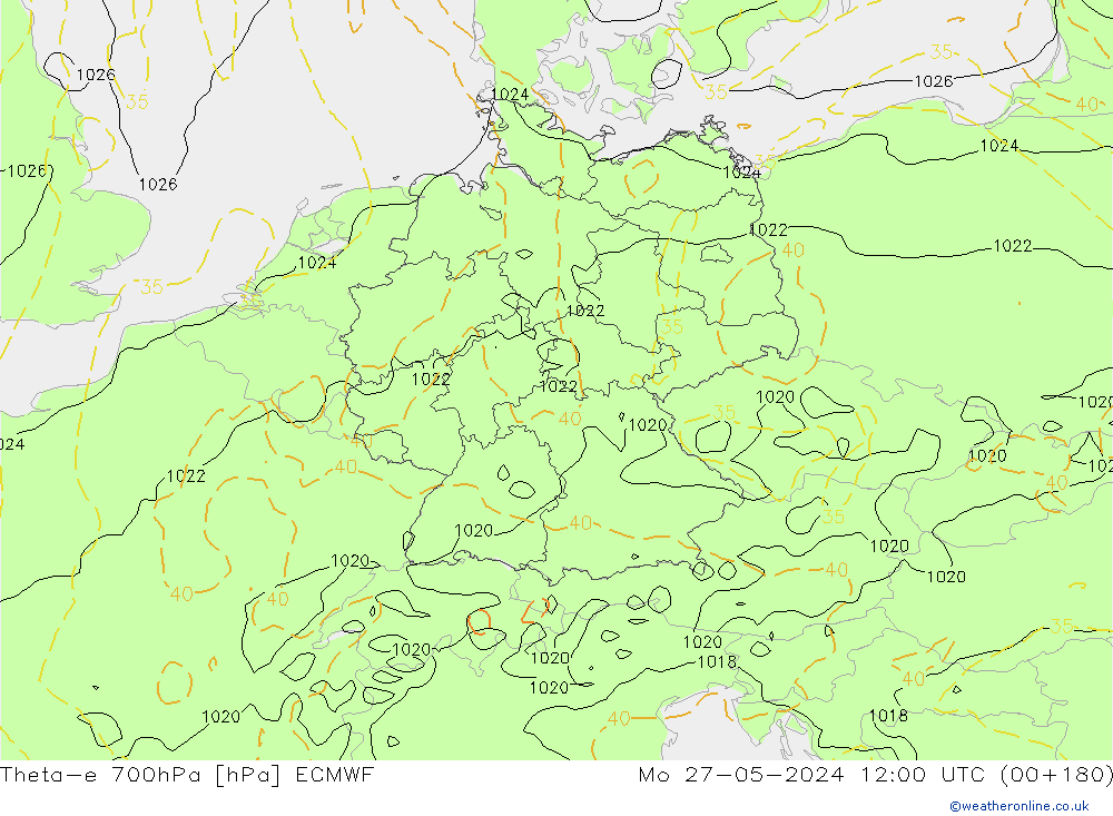 Theta-e 700hPa ECMWF Po 27.05.2024 12 UTC