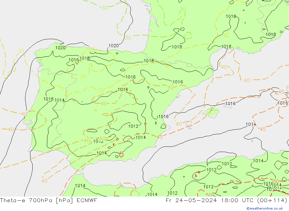 Theta-e 700hPa ECMWF Fr 24.05.2024 18 UTC