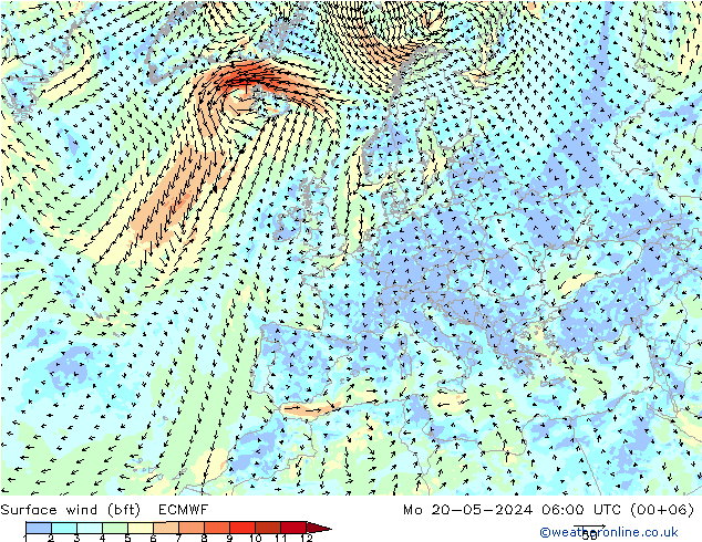 Rüzgar 10 m (bft) ECMWF Pzt 20.05.2024 06 UTC