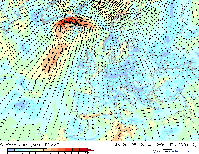 Surface wind (bft) ECMWF Mo 20.05.2024 12 UTC