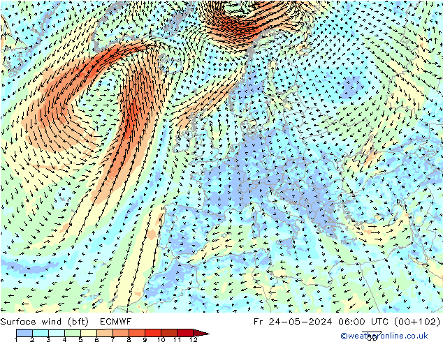 Surface wind (bft) ECMWF Fr 24.05.2024 06 UTC