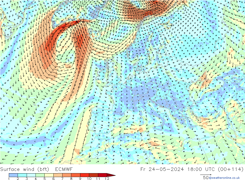 Rüzgar 10 m (bft) ECMWF Cu 24.05.2024 18 UTC