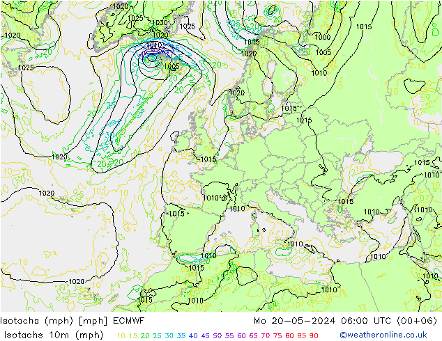 Isotachen (mph) ECMWF Mo 20.05.2024 06 UTC