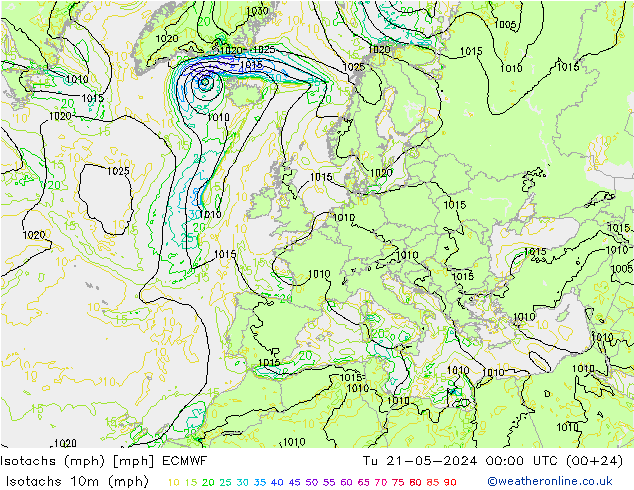 Isotachs (mph) ECMWF 星期二 21.05.2024 00 UTC