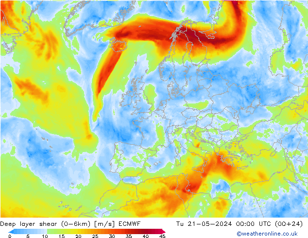 Deep layer shear (0-6km) ECMWF 星期二 21.05.2024 00 UTC