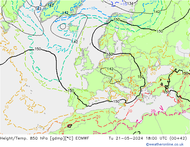 Z500/Rain (+SLP)/Z850 ECMWF Út 21.05.2024 18 UTC