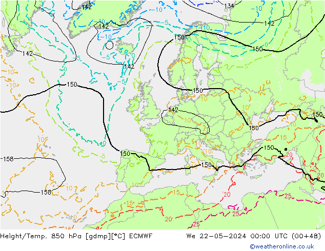 Z500/Rain (+SLP)/Z850 ECMWF mer 22.05.2024 00 UTC