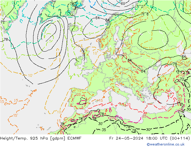 Height/Temp. 925 hPa ECMWF Fr 24.05.2024 18 UTC