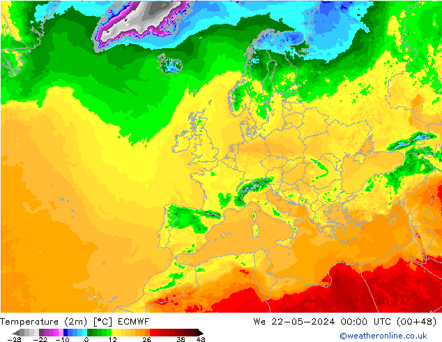 mapa temperatury (2m) ECMWF śro. 22.05.2024 00 UTC