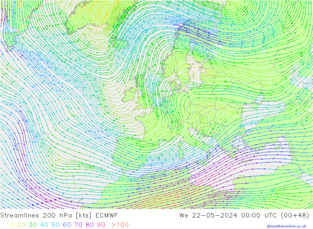 Ligne de courant 200 hPa ECMWF mer 22.05.2024 00 UTC