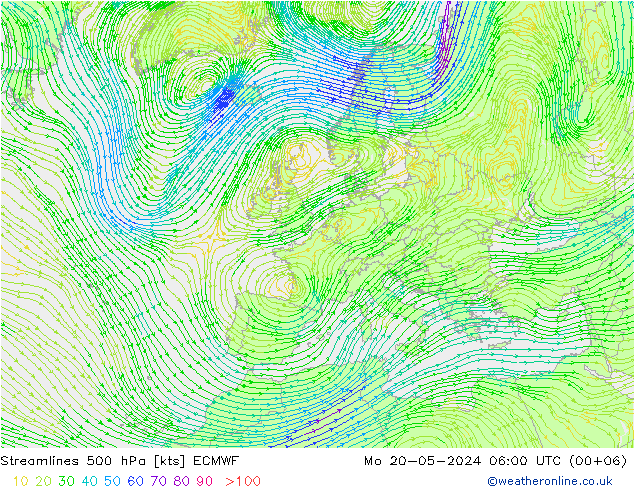 Streamlines 500 hPa ECMWF Mo 20.05.2024 06 UTC