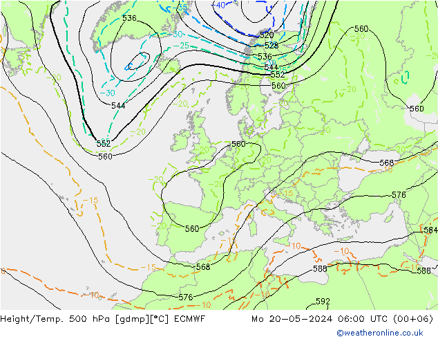 Z500/Rain (+SLP)/Z850 ECMWF Po 20.05.2024 06 UTC