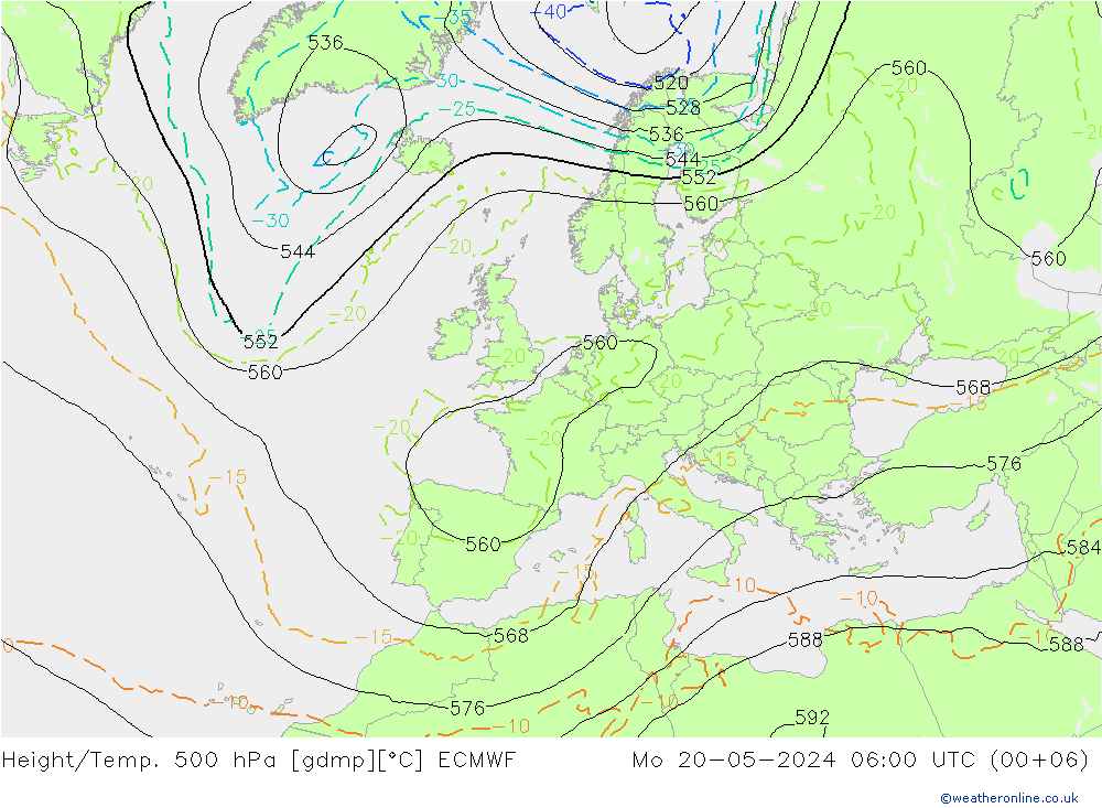 Z500/Rain (+SLP)/Z850 ECMWF 星期一 20.05.2024 06 UTC