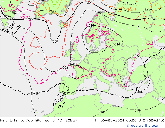 Hoogte/Temp. 700 hPa ECMWF do 30.05.2024 00 UTC
