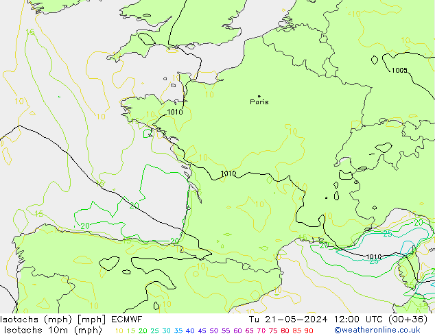 Isotachs (mph) ECMWF Tu 21.05.2024 12 UTC