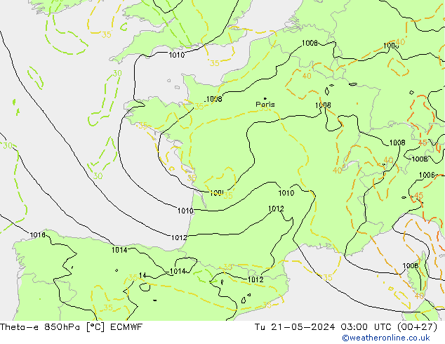 Theta-e 850hPa ECMWF wto. 21.05.2024 03 UTC