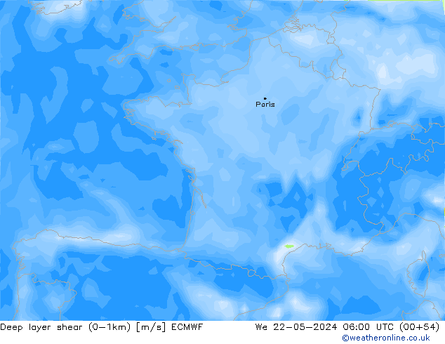 Deep layer shear (0-1km) ECMWF śro. 22.05.2024 06 UTC
