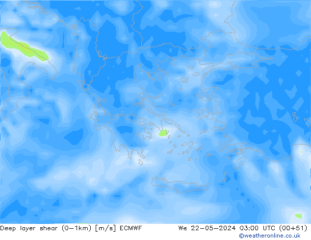 Deep layer shear (0-1km) ECMWF Mi 22.05.2024 03 UTC